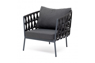 «Диего» кресло плетеное из роупа, каркас алюминий темно-серый (RAL7024) муар, роуп темно-серый круглый, ткань темно-серая 027